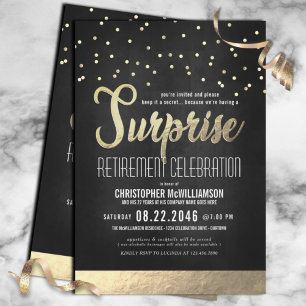 Trendy Black/Gold Surprise Retirement Party Invitation