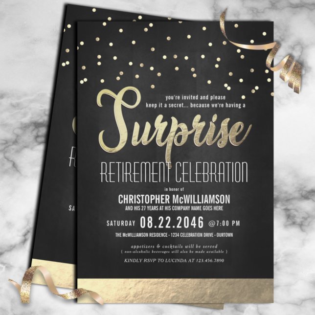 Trendy Black/Gold Surprise Retirement Party Invitation (Creator Uploaded)