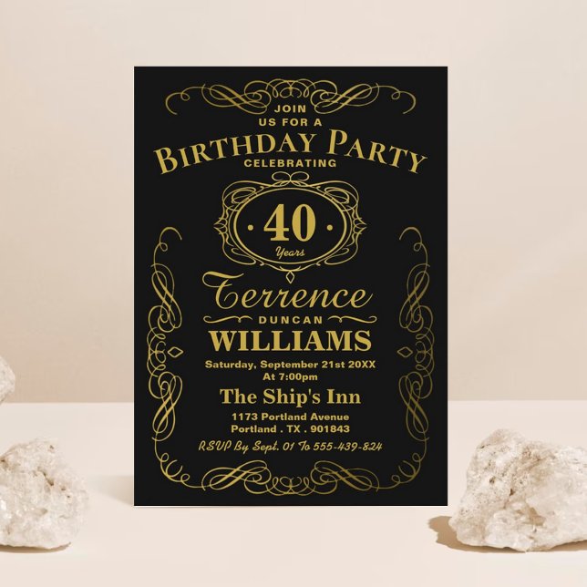 Trendy Black & Gold Typography Birthday Party Invitation (Creator Uploaded)