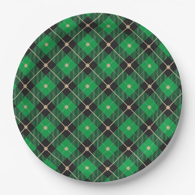 Trendy Black Green Plaid Pattern Paper Plate (Front)