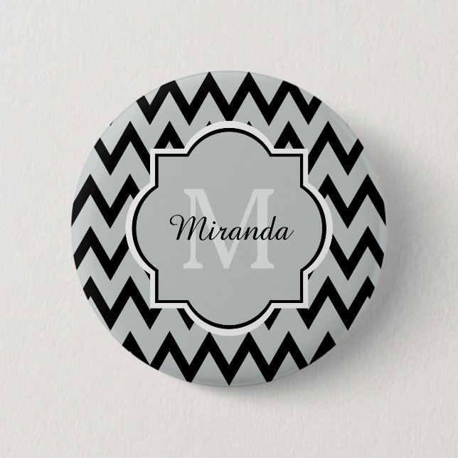 Trendy Black Grey Chevron Zigzag Name and Monogram 6 Cm Round Badge (Front)