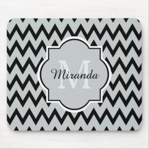 Trendy Black Grey Chevron Zigzag Name and Monogram Mouse Pad