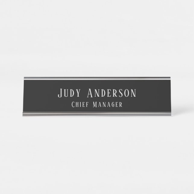 Trendy Black Grey Professional Plain Serif Font Desk Name Plate (Front)