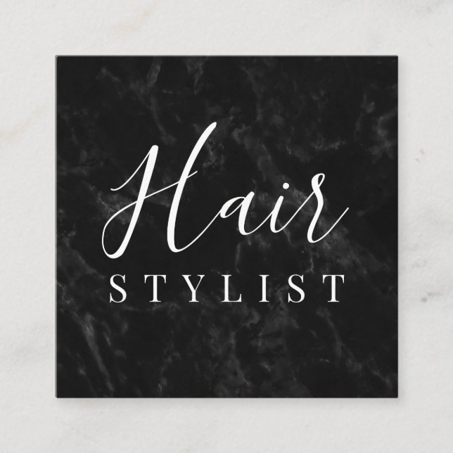 Trendy black marble hair stylist script signature square business card (Front)