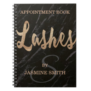 Trendy Black Marble Lashes Champagne Glitter Notebook