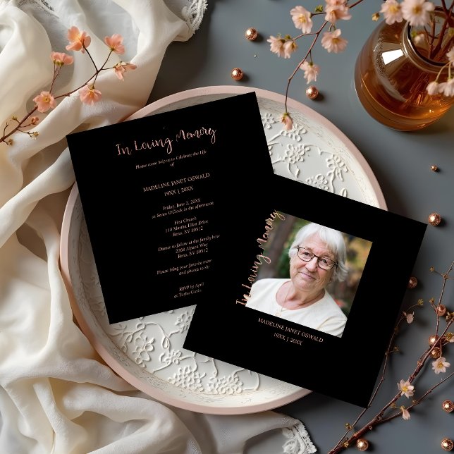 Trendy Black Minimalist Remembrance Design Funeral Card (Celebrate the Life of Our Loved Ones with a Cheerful and Elegant Minimalist Design.)