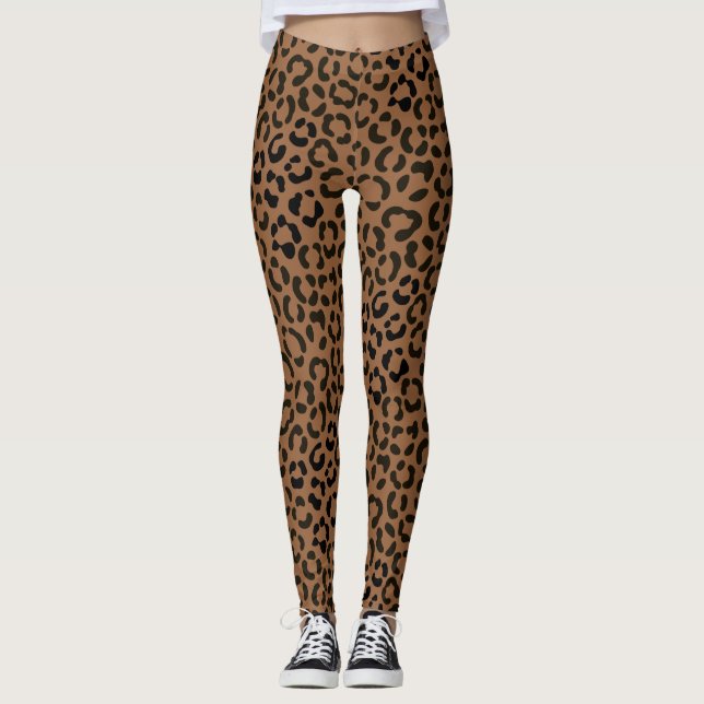 Trendy Black on Tan Leopard Print Pattern Leggings (Front)