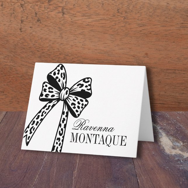 Trendy Black Panter Bow Handwritten Name Party Note Card (Creator Uploaded)