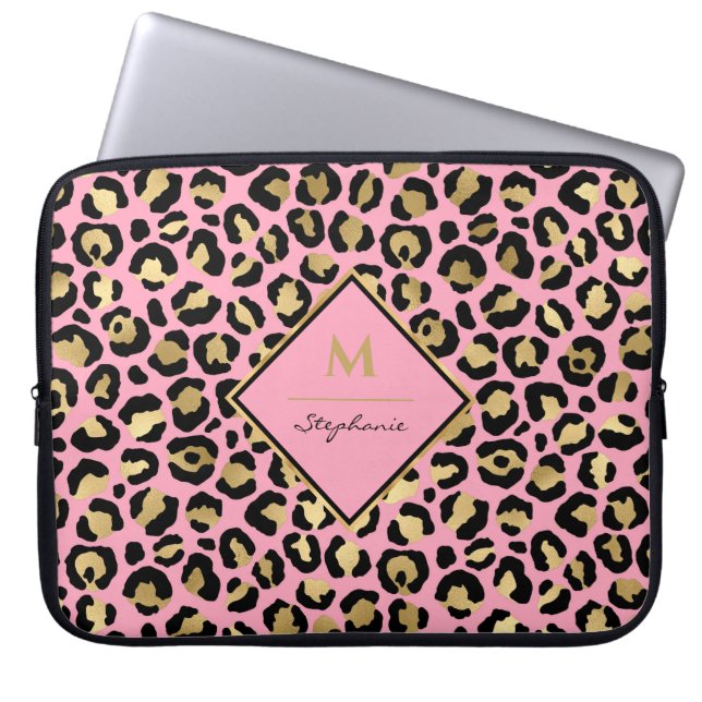 Trendy Black Pink and Gold Leopard Print |Monogram Laptop Sleeve (Front)