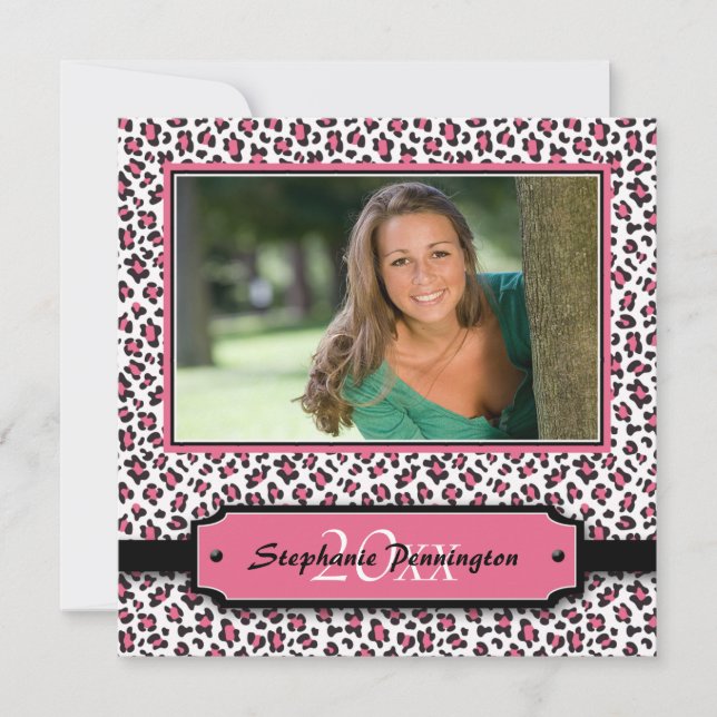 Trendy black pink cheetah graduation photo party invitation (Front)