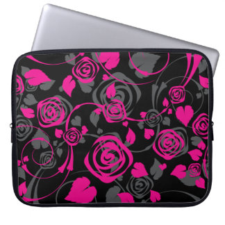 Trendy Black & Pink Floral Rose Laptop Sleeve