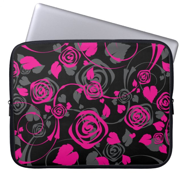 Trendy Black & Pink Floral Rose Laptop Sleeve (Front)
