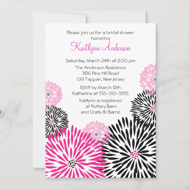 Trendy Black/Pink Flower Bridal Shower Invitation (Front)