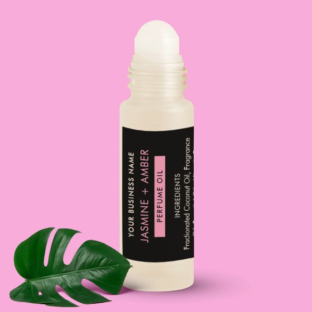 Trendy Black & Pink Perfume Roll On Bottle Labels (Trendy black and pink perfume oil roller bottle product label)