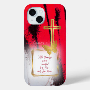 Trendy Black Red and White Gold Cross Butterfly iPhone 15 Case