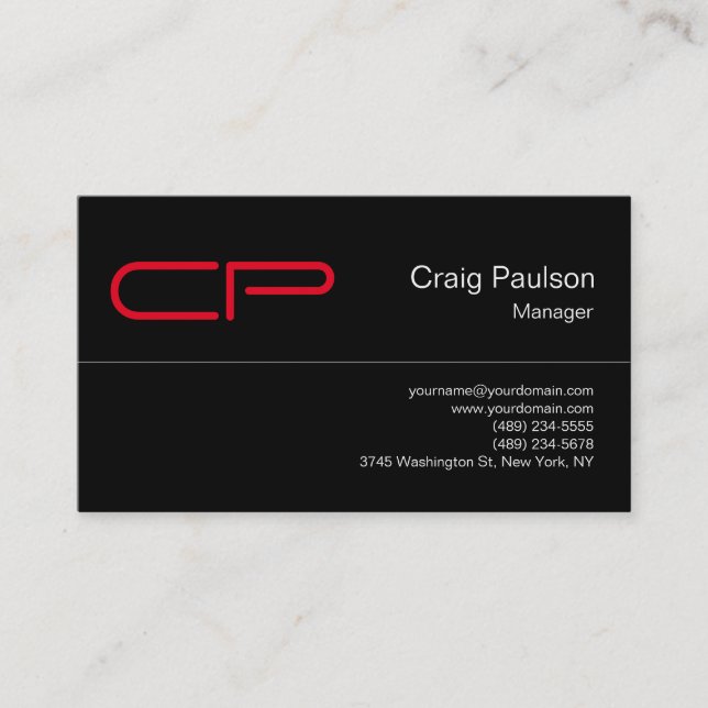 Trendy Black Red Chic Monogram Business Card (Front)
