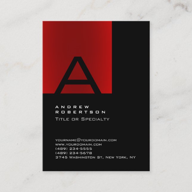 Trendy Black Red Monogram Stripe Business Card (Front)