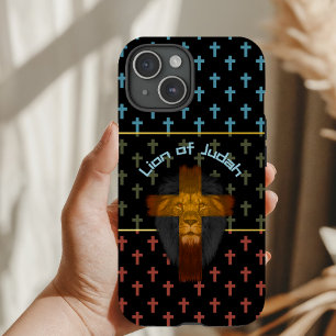 Trendy Black Red Olive Green Cross Lion of Judah iPhone 15 Case