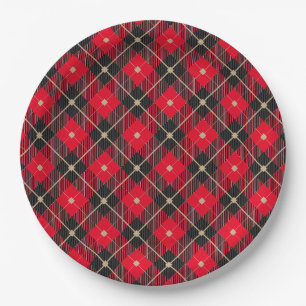 Trendy Black Red Plaid Pattern Paper Plate