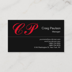 Trendy Black Red Script Monogram Business Card