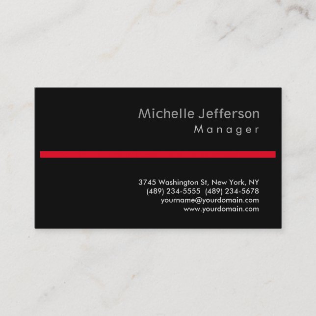 Trendy Black Red Stylish Manager Business Card (Front)