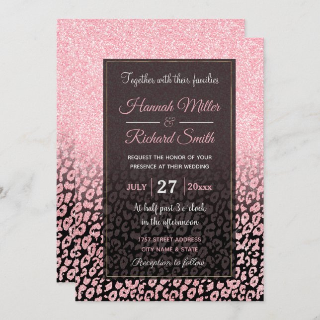 Trendy Black Rose Gold Glitter Leopard Ombre Invitation (Front/Back)