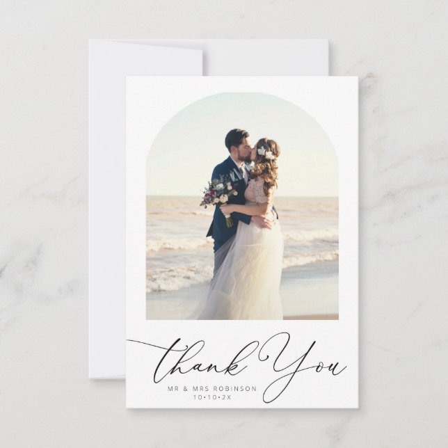 trendy black script arch wedding photo thank you card (Front)