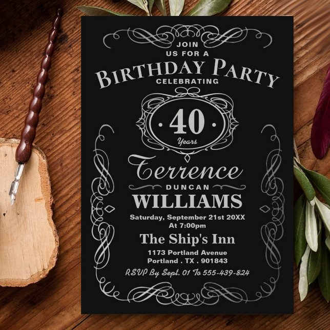 Trendy Black & Silver Typography Birthday Party Invitation (Creator Uploaded)
