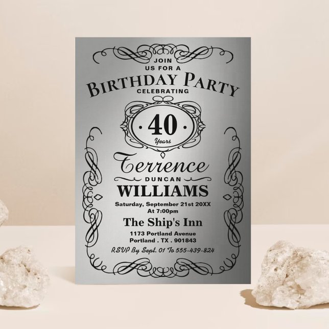Trendy Black & Silver Typography Birthday Party Invitation (Creator Uploaded)