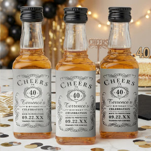 Trendy Black & Silver Typography Birthday Party Liquor Bottle Label