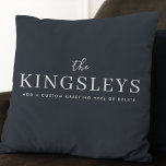 Trendy Black Stylish Modern Bold Typograhy Name Cushion<br><div class="desc">A stylish,  trendy modern holiday pillow with your surname featured in classic typography paired with handwritten script in white a gorgeous dark blue off black feature colour. A striking minimal design to stand out from the crowd this christmas season!</div>