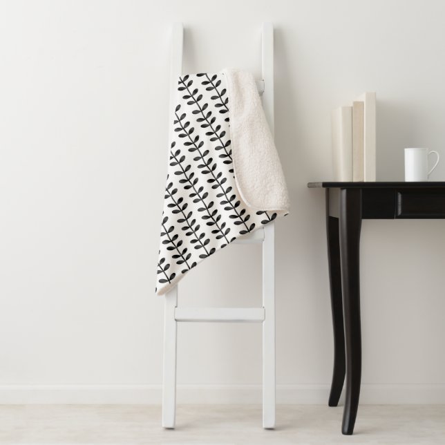 Trendy Black & White Artsy Leaf Pattern Sherpa Blanket (In Situ)