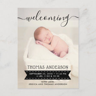 Trendy Black & White Birth Announcement Postcard