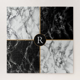 Trendy Black & White Check Marble -Add Letter/Year Jigsaw Puzzle