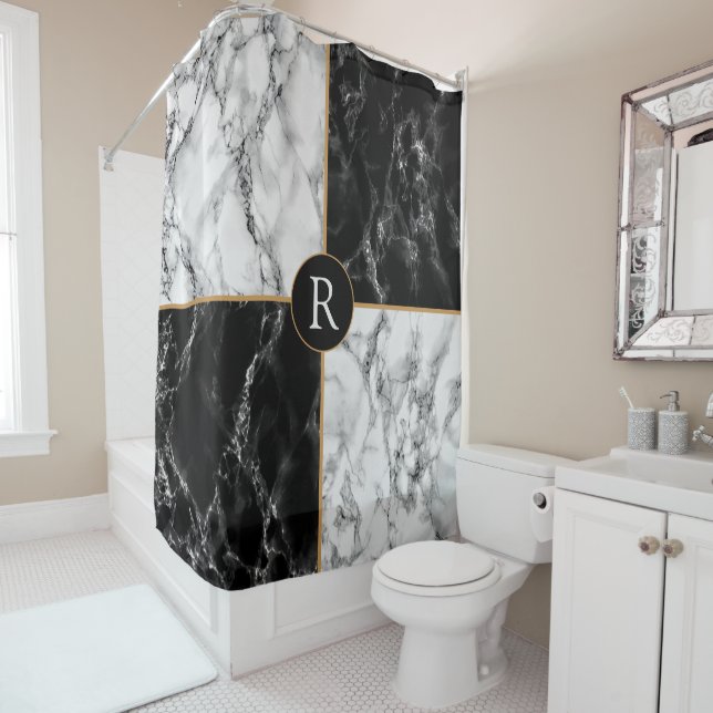 Trendy Black & White Check Marble -Add Letter/Year Shower Curtain (In Situ)