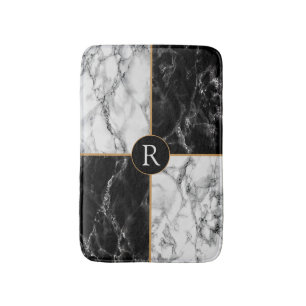 Trendy Black & White Check Marble -Add Your Letter Bath Mat