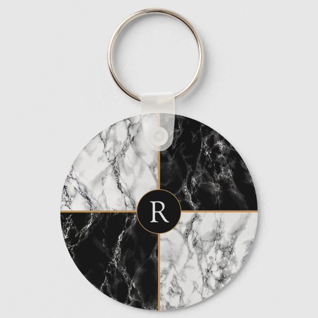 Trendy Black & White Check Marble -Add Your Letter Key Ring (Front)