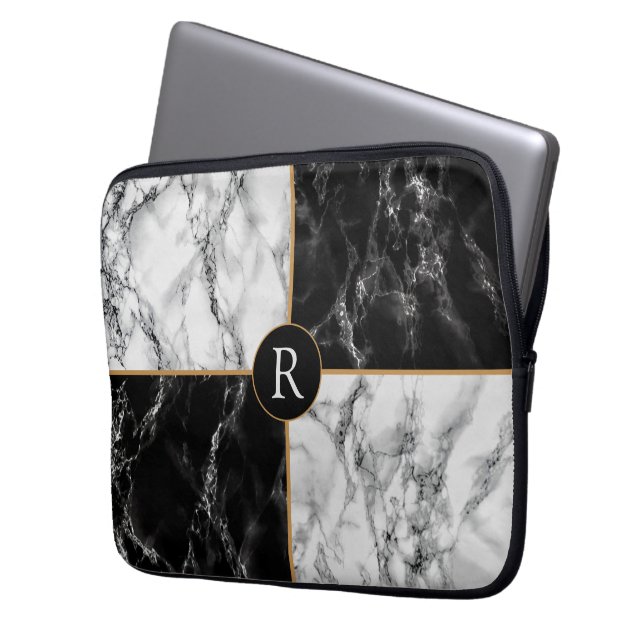 Trendy Black & White Check Marble -Add Your Letter Laptop Sleeve (Front Left)