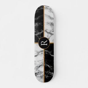 Trendy Black & White Check Marble -Add Your Letter Skateboard