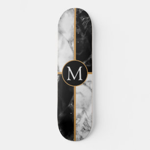 Trendy Black & White Check Marble -Add Your Letter Skateboard