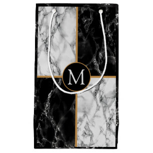 Trendy Black & White Check Marble -Add Your Letter Small Gift Bag