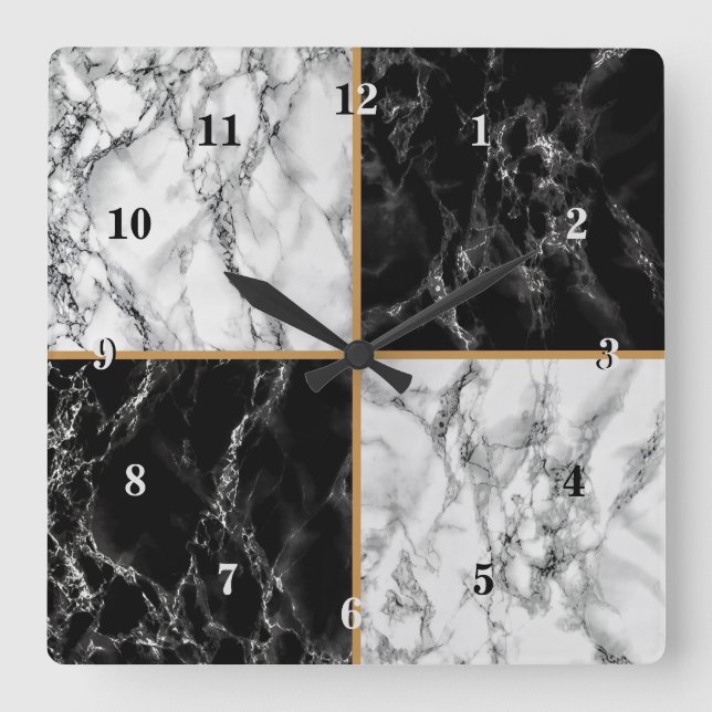 Trendy Black & White Chequered Marble Stones Square Wall Clock (Front)