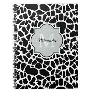 Trendy Black White Giraffe Print Monogrammed Name Spiral Notebook