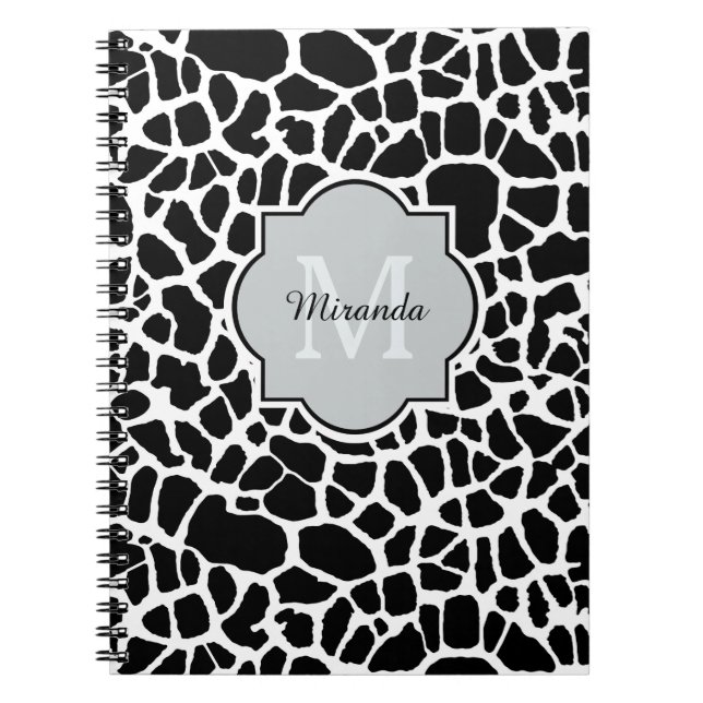 Trendy Black White Giraffe Print Monogrammed Name Spiral Notebook (Front)