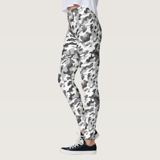 Trendy Black, White & Grey Camo Print Sports Leggings (Left)