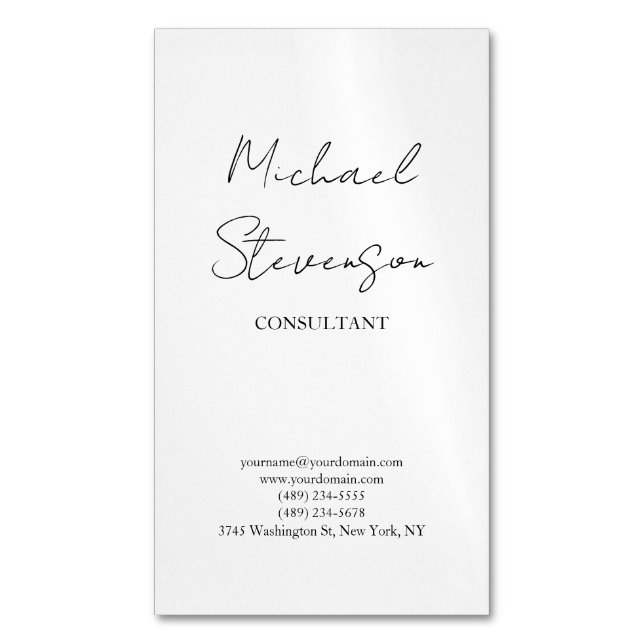 Trendy Black White Handwritten Minimalist Magnetic Business Card (Front Vertical)