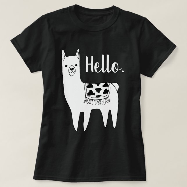Trendy Black & White Llama Sketch Hello T-Shirt (Design Front)