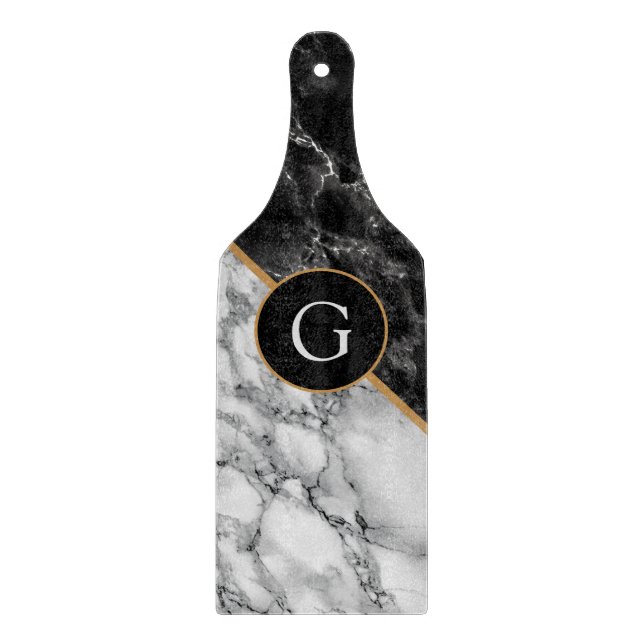 Trendy Black & White Marble Stone Add Letter/ Year Cutting Board (Front)