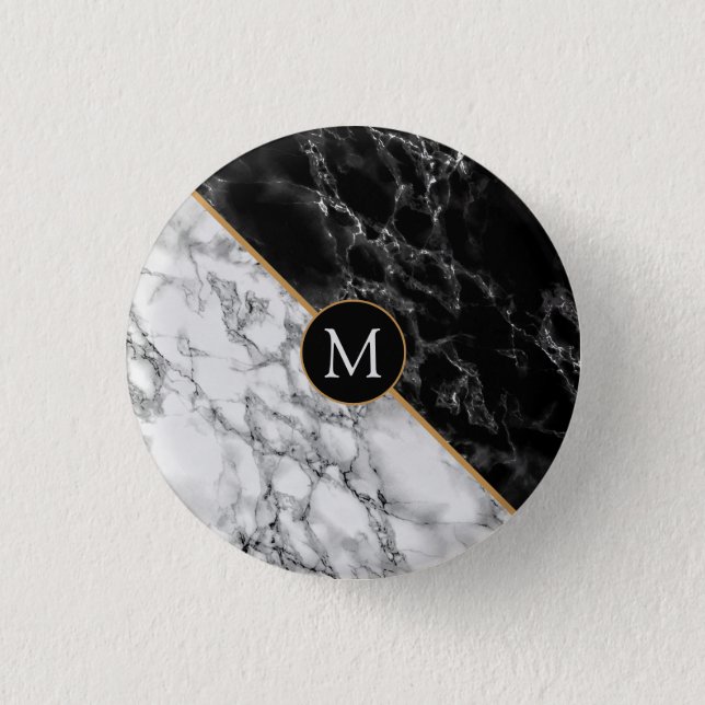 Trendy Black & White Marble Stone -Add Your Letter 3 Cm Round Badge (Front)