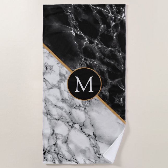 Trendy Black & White Marble Stone -Add Your Letter Beach Towel (Front)